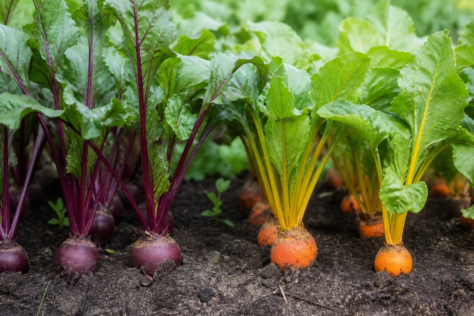 Purple and golden beets with leafy green tops growing in rows in a spring vegetable garden