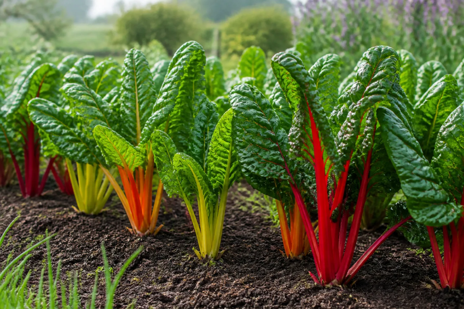 Chard seedlings growing from a direct-sown garden row