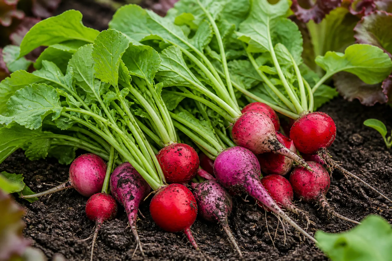 Fresh radishes pulled from a direct-sown spring row in loose garden soil
