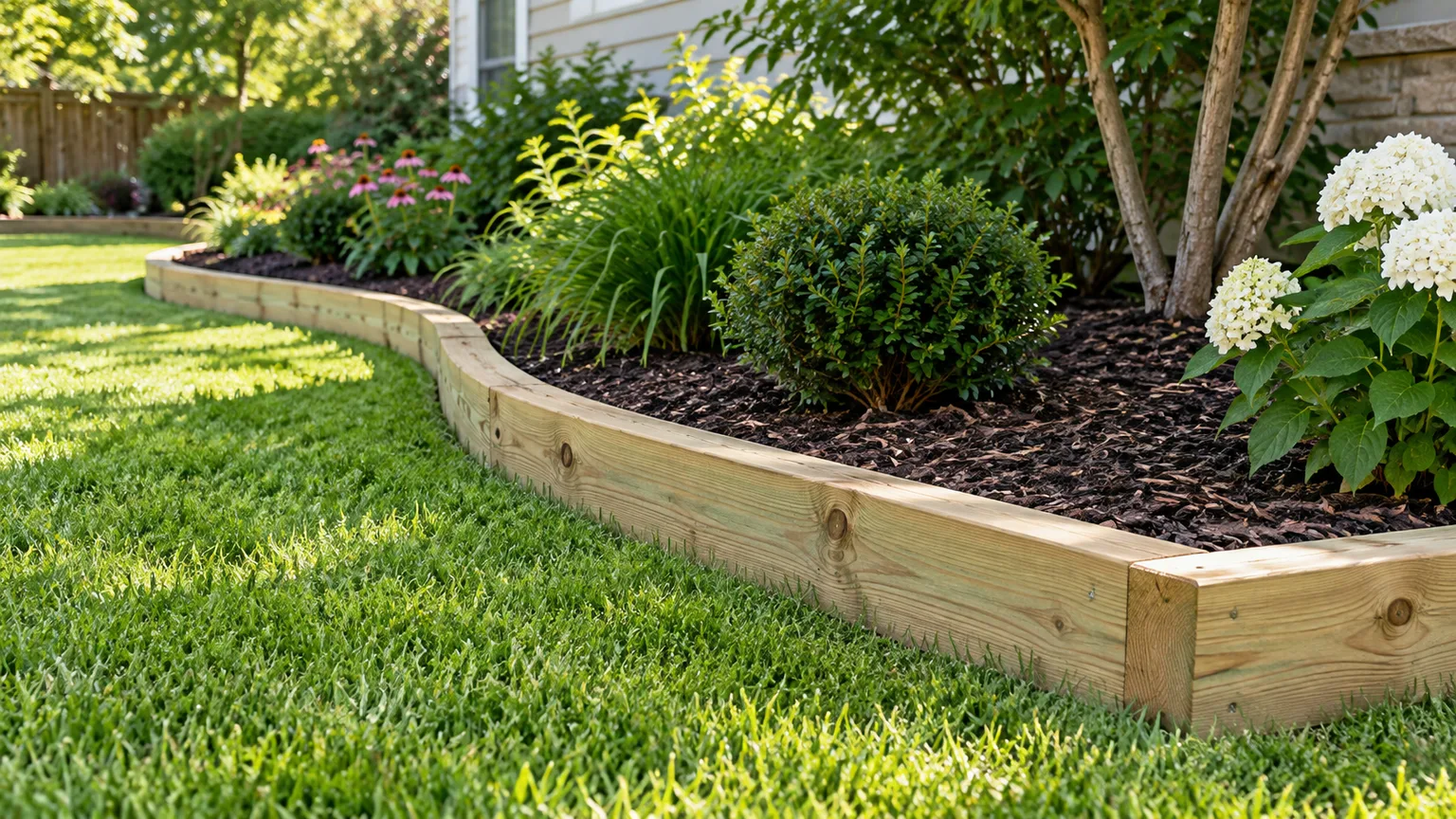 Straight landscape timber edging separating a lawn from a planted bed