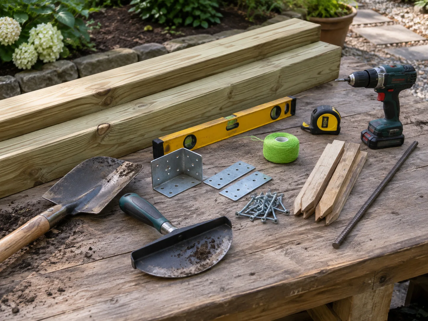 Landscape timber edging materials arranged for a small installation