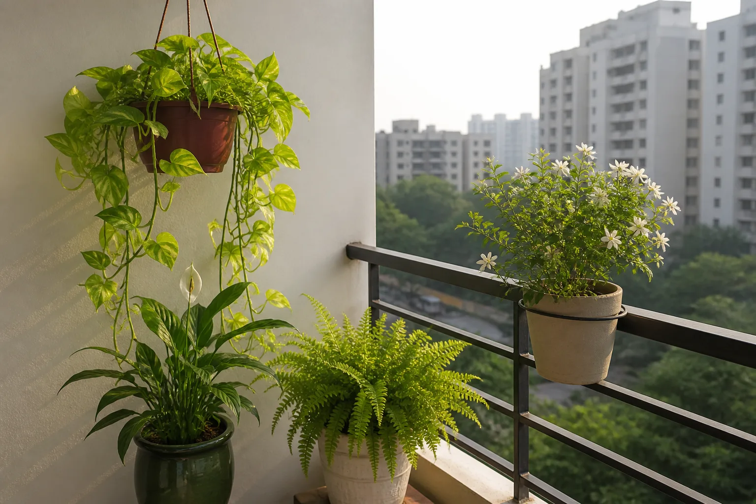 Indian apartment east balcony with morning sun on soft foliage plants in pots