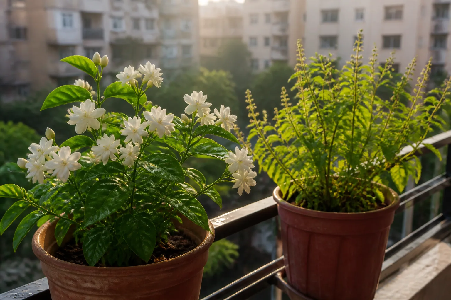 Jasmine and tulsi pots catching morning sun on an east balcony rail