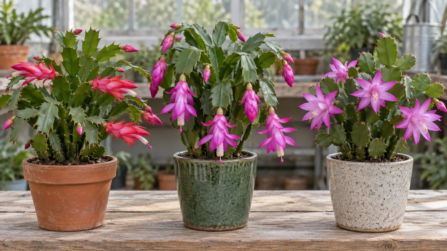 Three holiday cacti shown side by side: pointed-segment Thanksgiving cactus at left, pendulous-flowered Christmas cactus in the center, and star-flowered Easter cactus at right