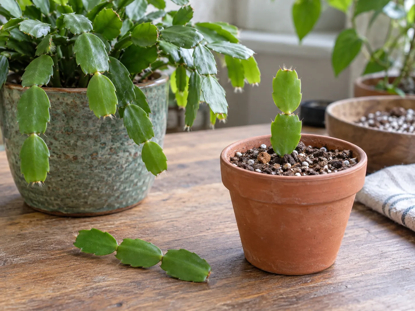 A three-segment Easter cactus cutting beside a small pot of airy propagation mix, with one cutting inserted shallowly