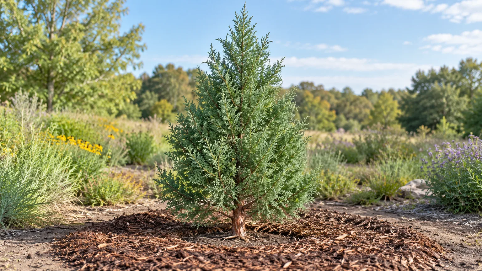 A young eastern red cedar planted in an open site with its trunk clear of mulch; the same planting principles apply to a deodar cedar