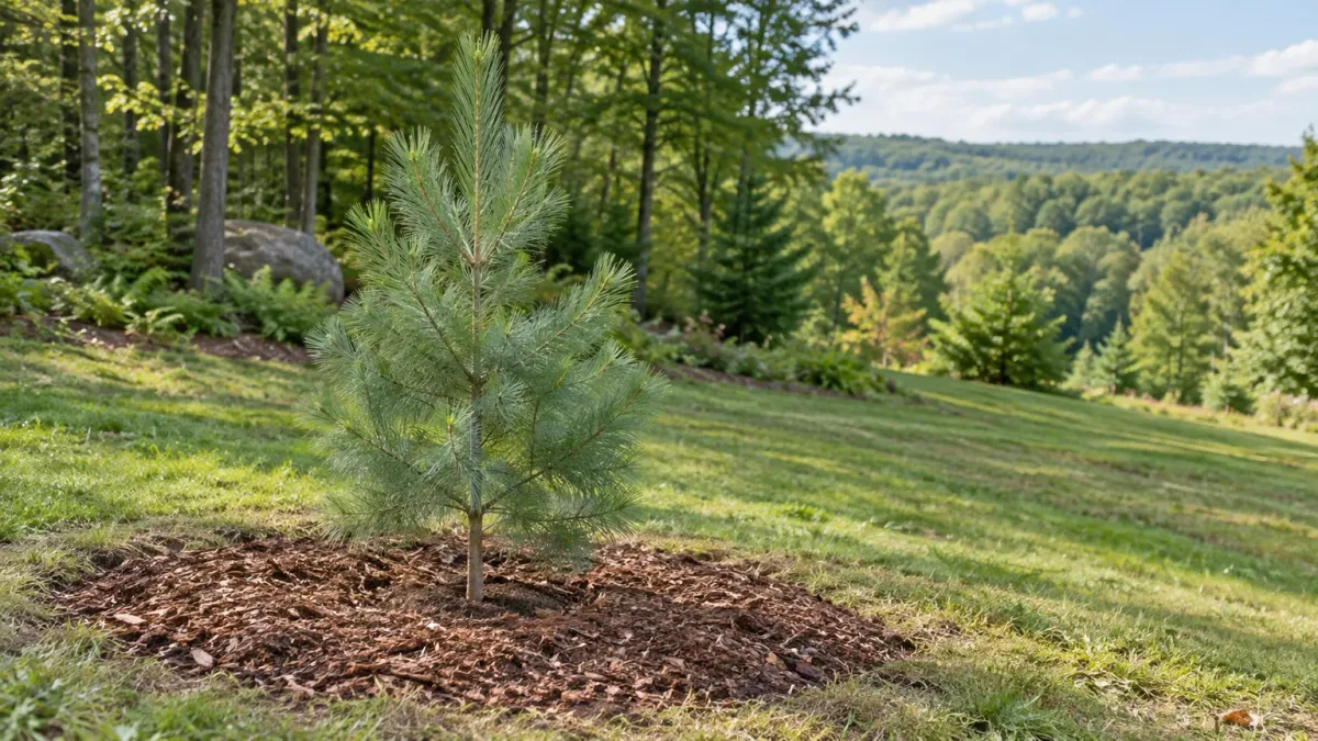 Young eastern white pine planted with open canopy space, visible root flare, and a clear mulch ring