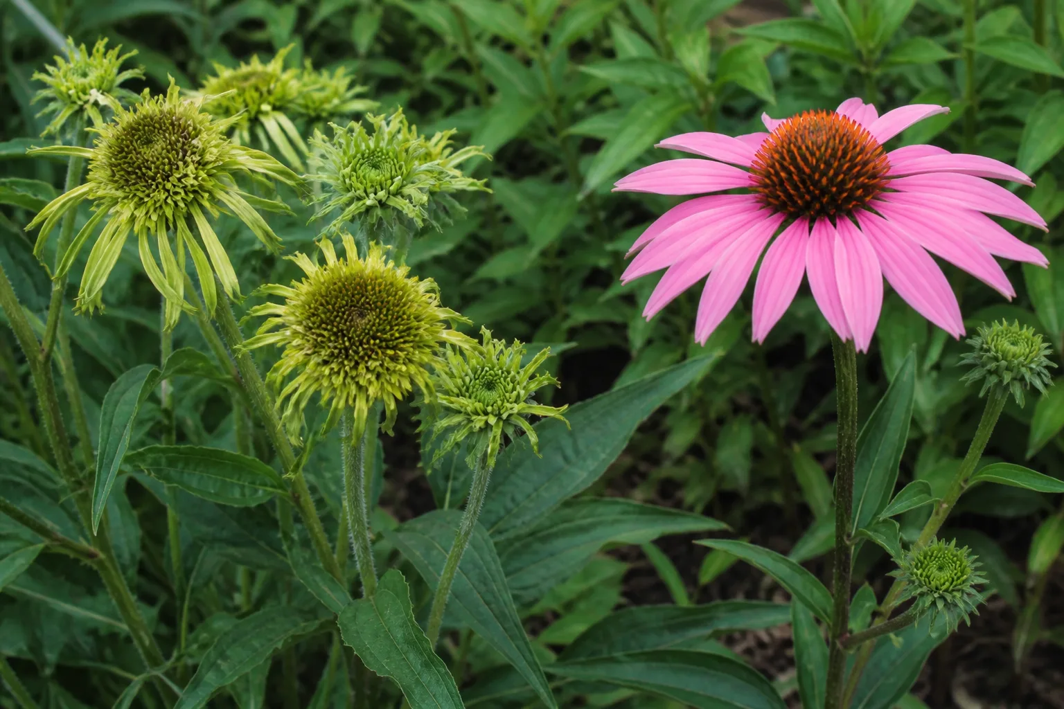 Purple coneflower with aster yellows showing green distorted tufted flowers beside a healthy bloom