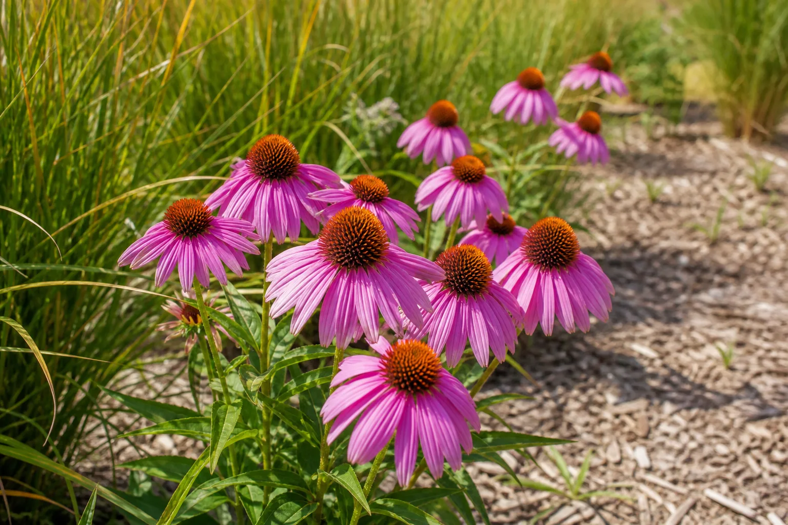 Purple coneflowers blooming in a sunny perennial border with pink-purple petals and brown spiny cones