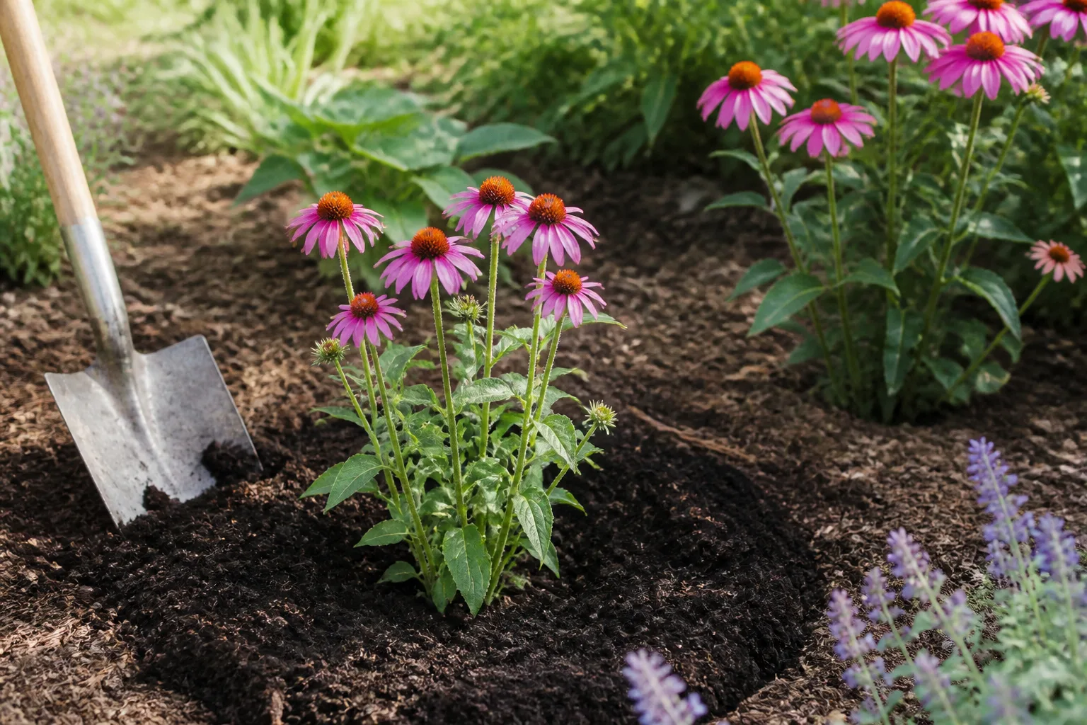 Planting a native perennial in a prepared garden bed with compost-amended soil