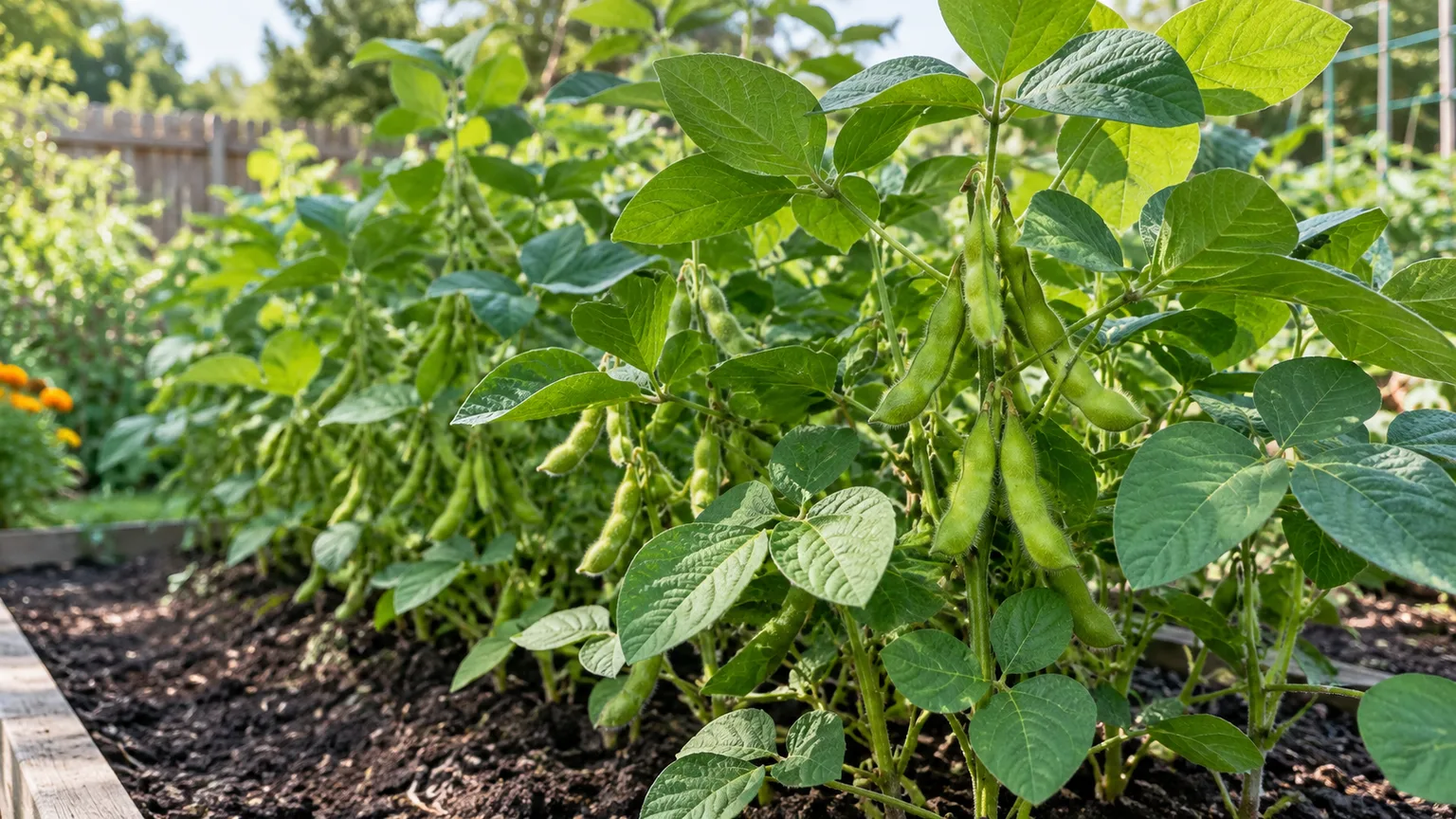 Healthy edamame plants with full green pods growing in a sunny vegetable bed