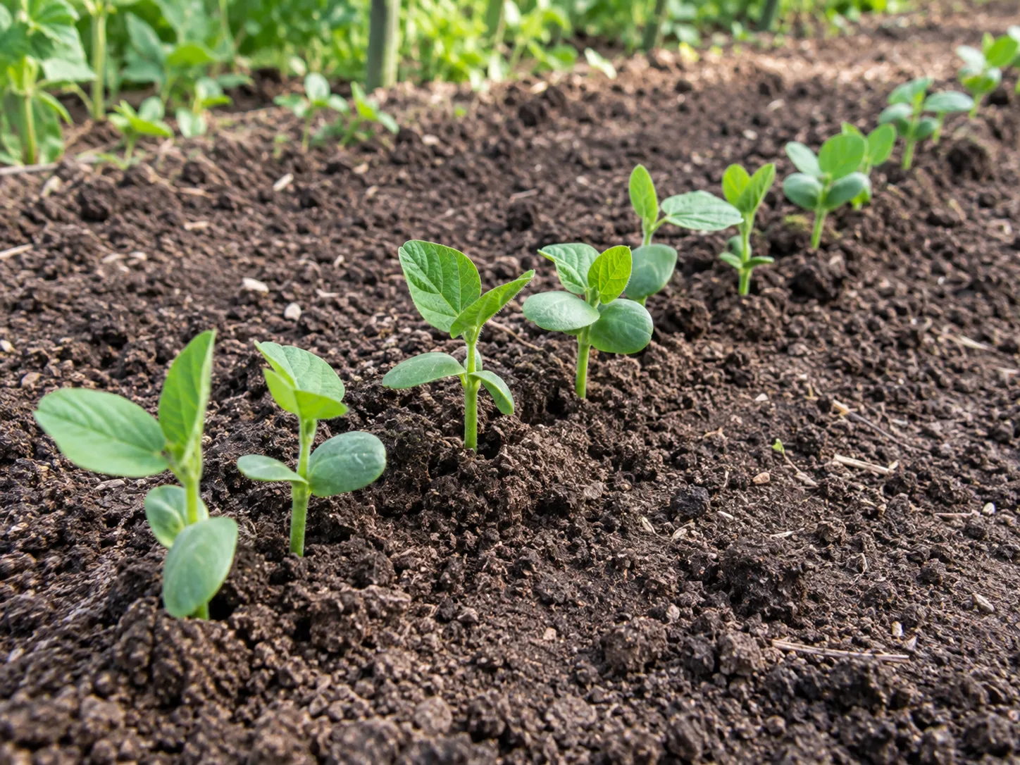 Young edamame seedlings emerging in a straight garden row