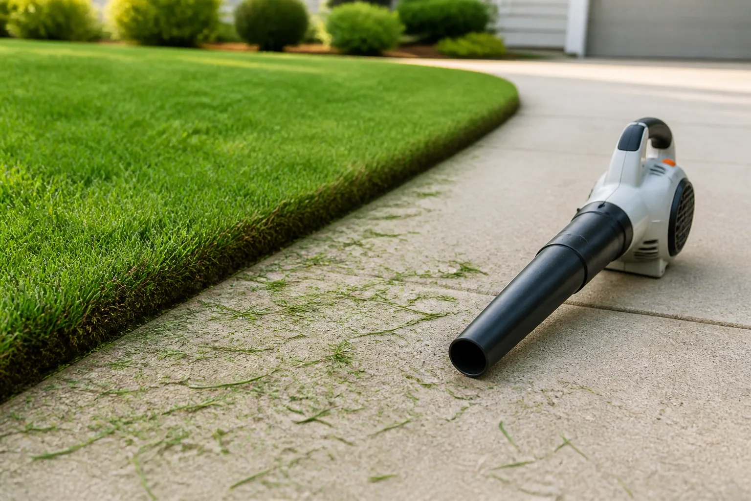 Leaf blower on a driveway beside a freshly edged lawn margin with clippings being cleared