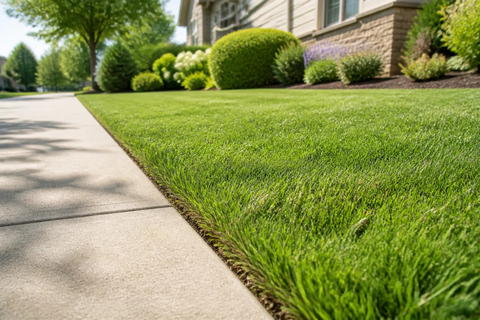 Freshly mowed suburban lawn with a crisp vertical edge where grass meets a concrete sidewalk