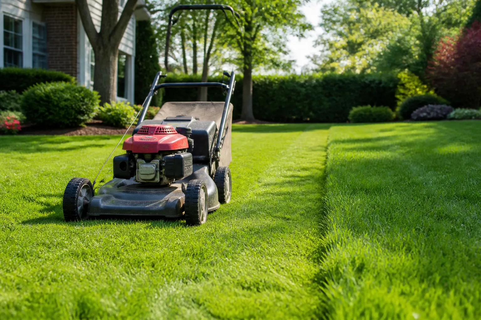 Walk-behind lawn mower cutting a healthy green residential lawn before edging