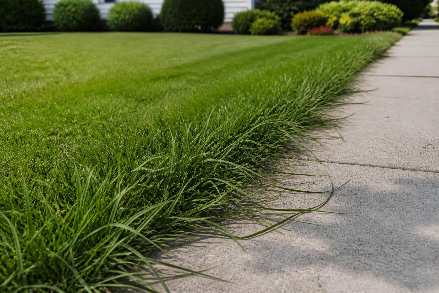 Overgrown grass creeping onto a concrete sidewalk before a restoration edging pass