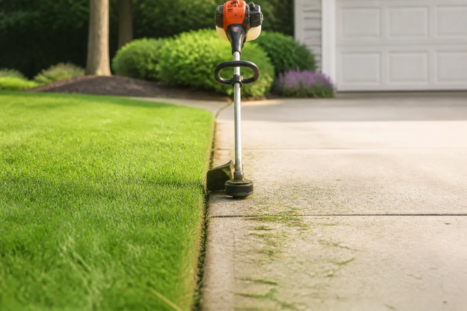 String trimmer beside a vertical lawn edge along a concrete driveway