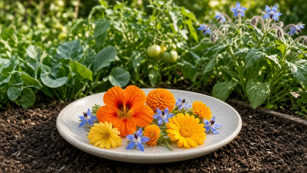 A colorful garden bed filled with edible flowers including calendula, nasturtiums, and sunflowers