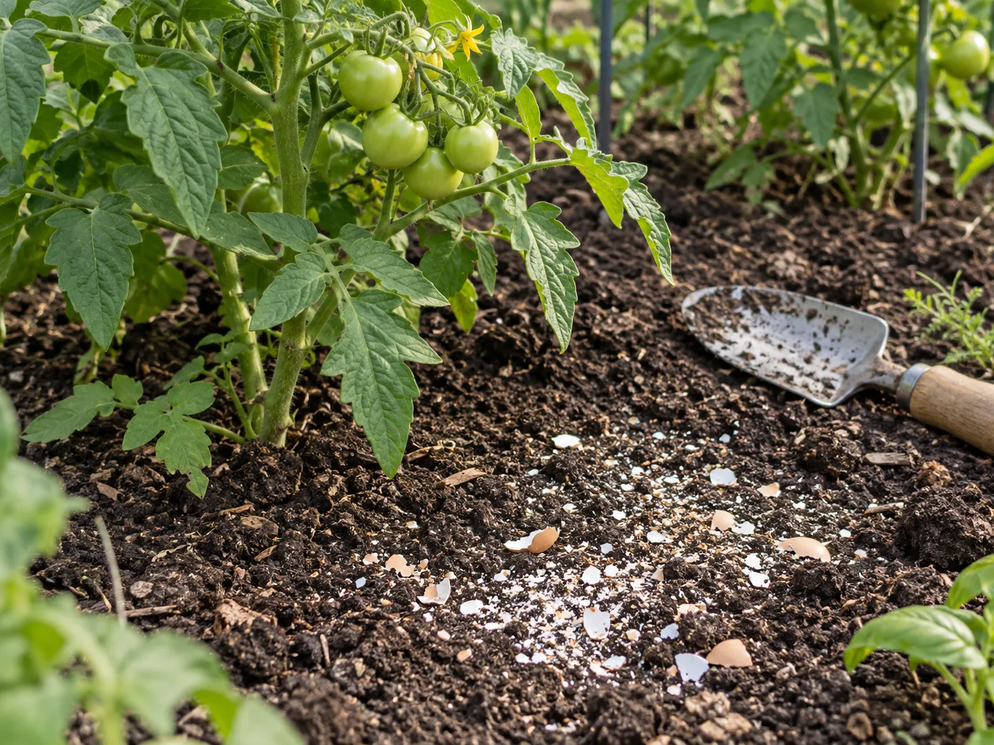 Fine eggshell meal and visible pale shell fragments lightly incorporated into garden soil beside a tomato plant