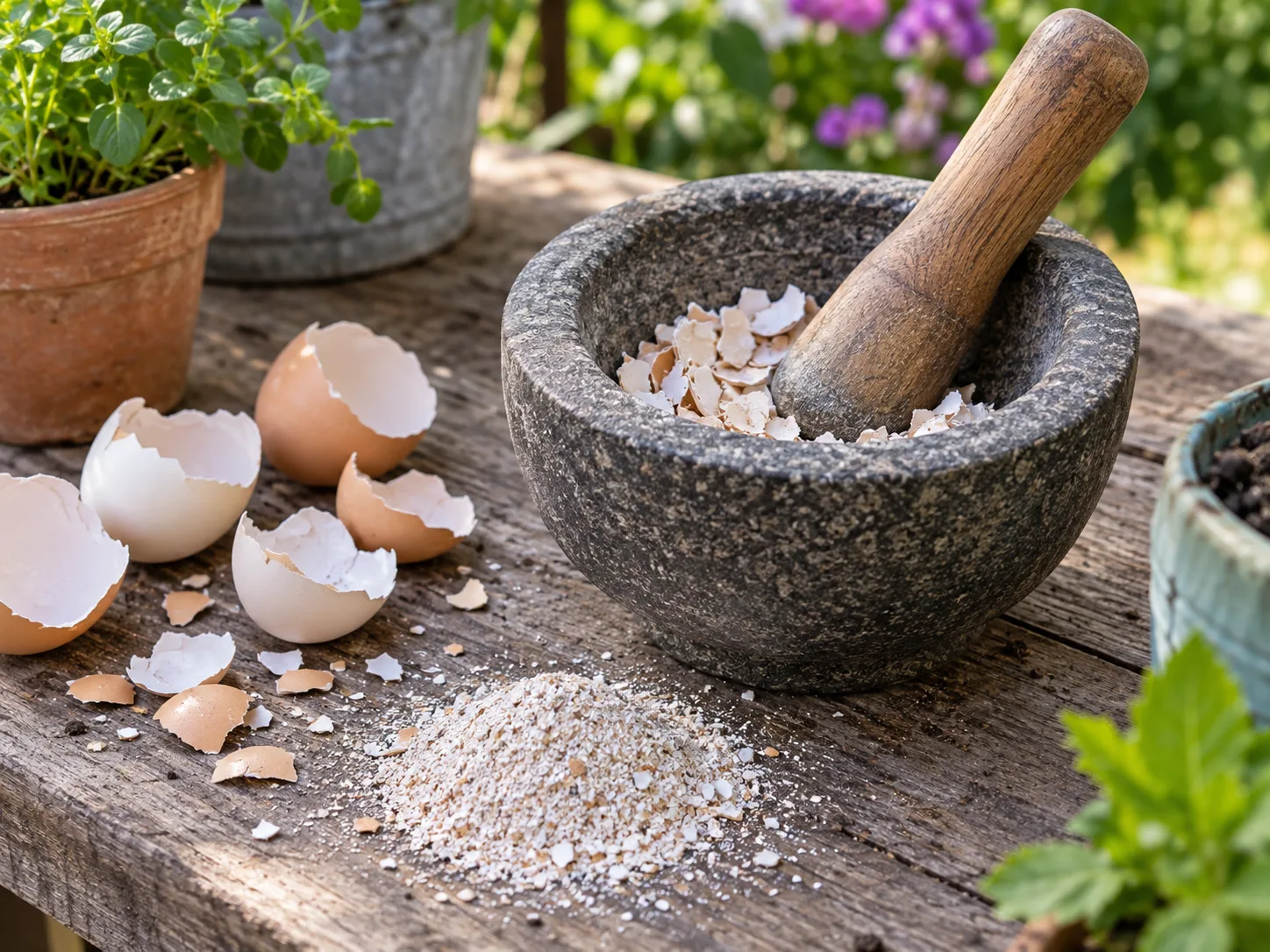 Dried eggshell fragments in a stone mortar and wooden pestle beside a small pile of ground eggshell meal on a potting bench