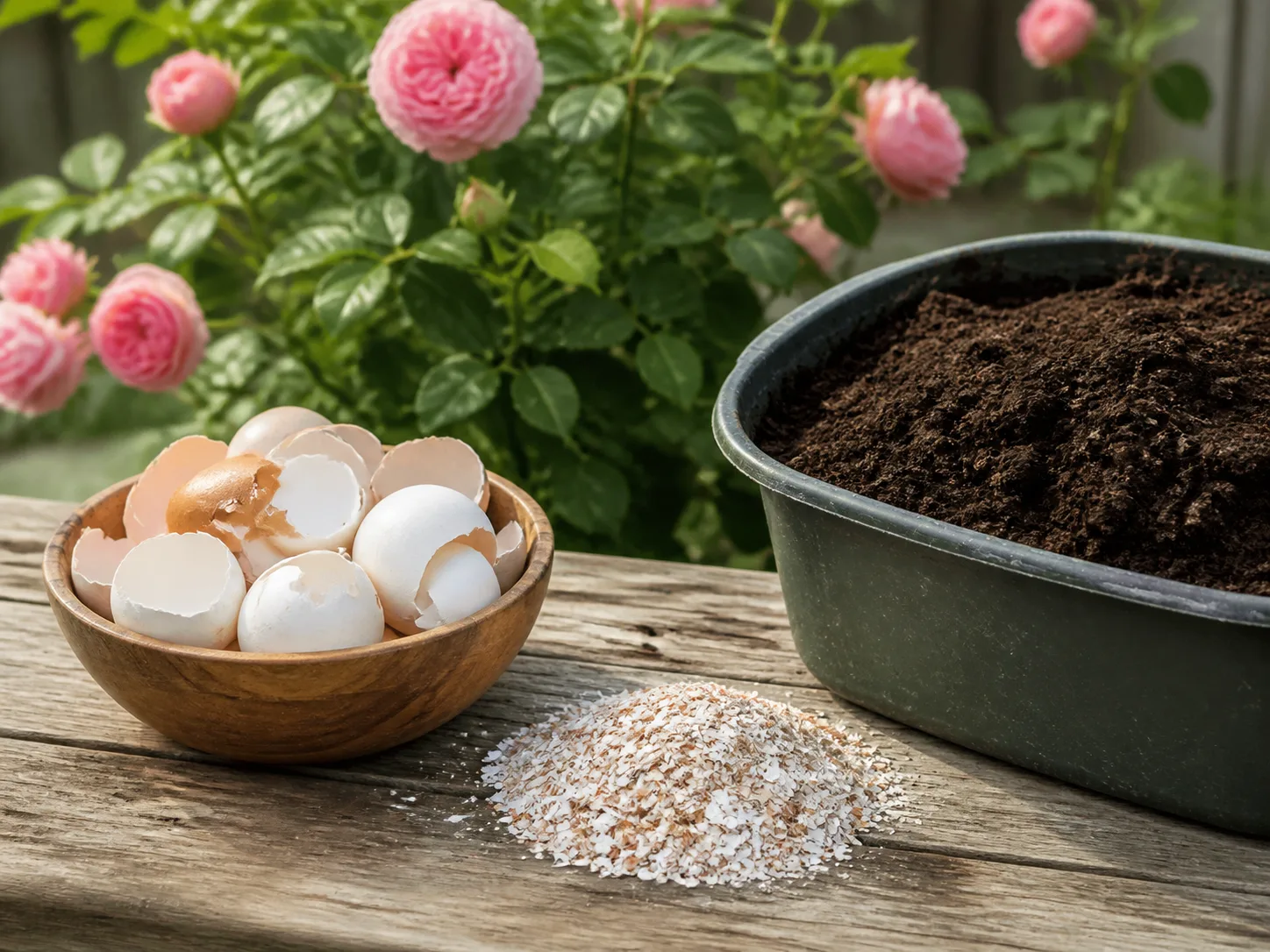 Clean dried eggshells and fine eggshell powder beside finished compost and a blooming rose