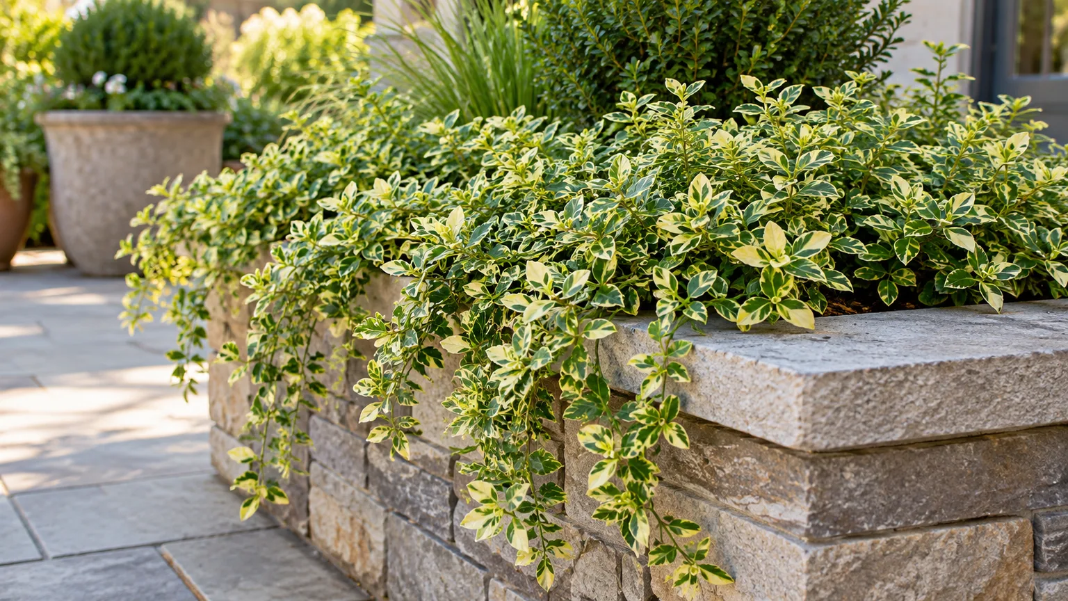 Wintercreeper kept contained in a raised patio planter rather than allowed to root through a garden bed.