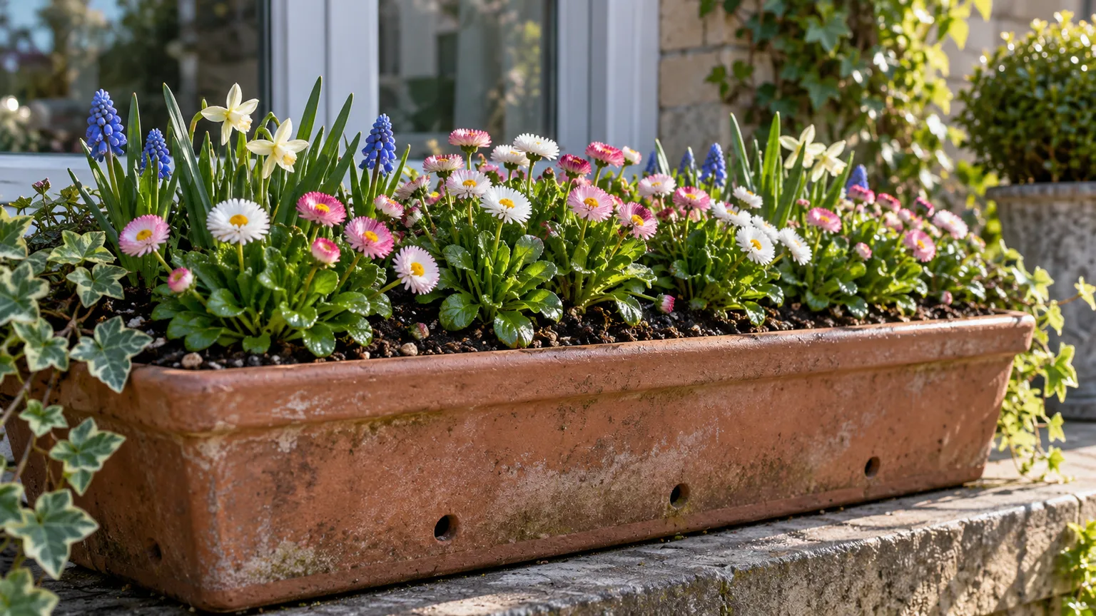 A spring window box planted with compact white and pink English daisies and small bulbs