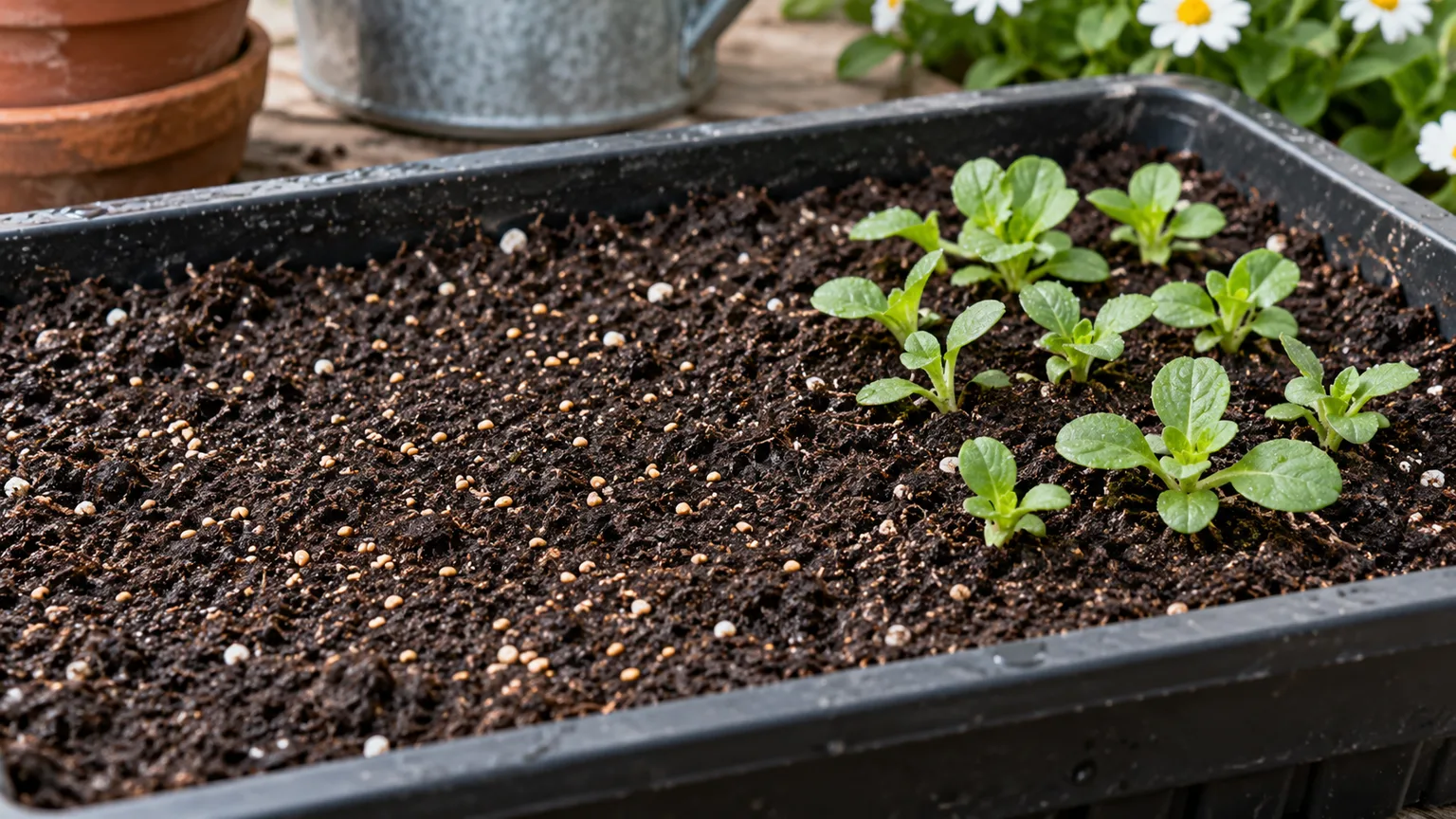 Tiny English daisy seeds scattered on moist seed-starting mix beside young rosette seedlings