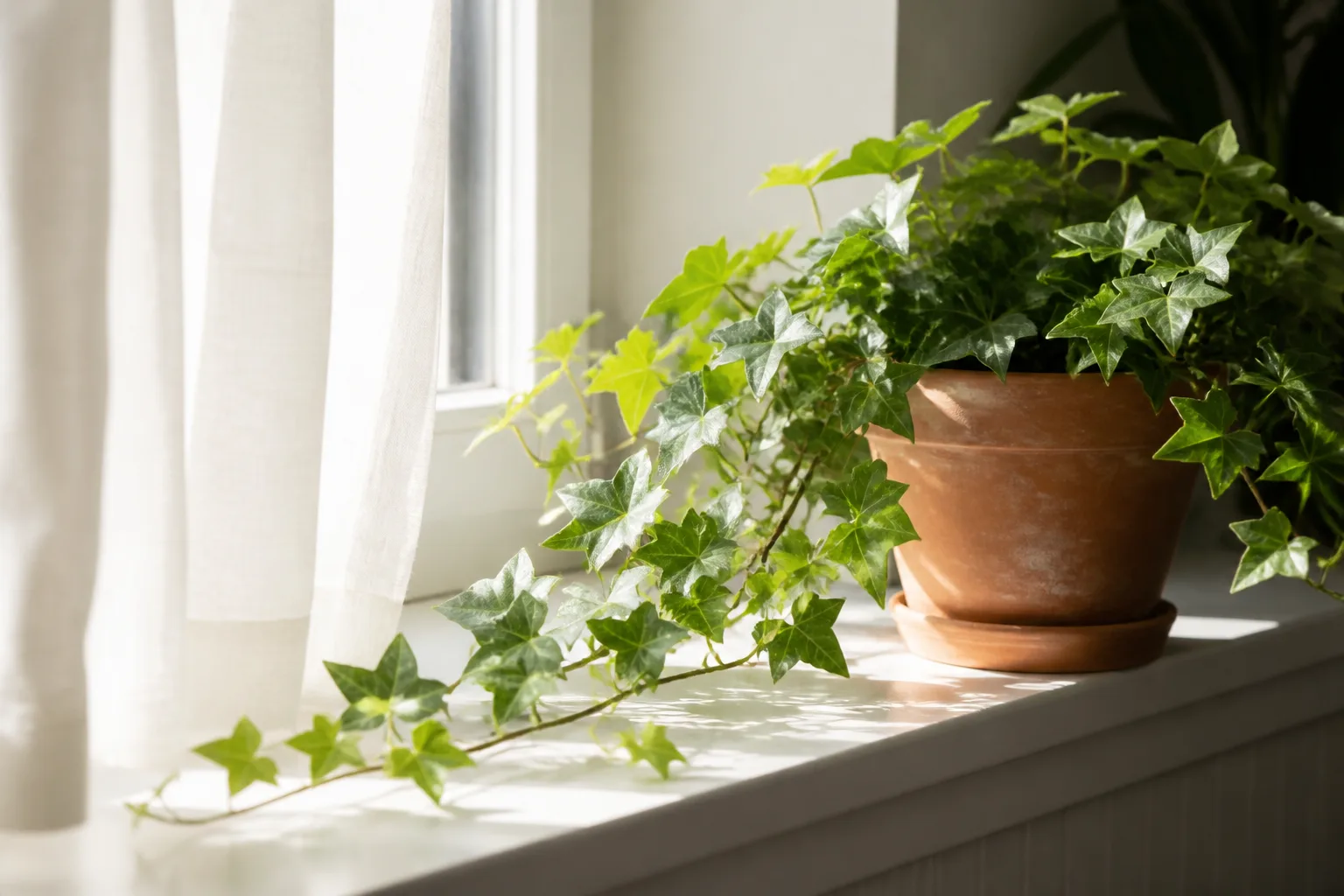 English ivy in a terracotta pot on a bright windowsill with filtered daylight