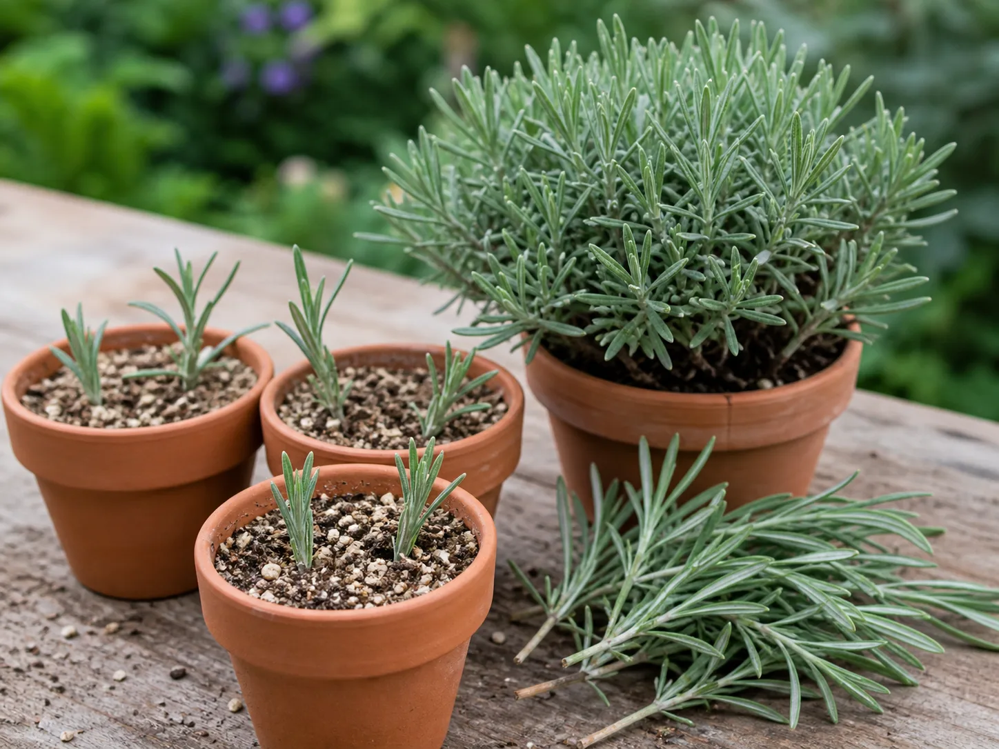 English lavender stem cuttings planted in gritty propagation mix beside a healthy mother plant
