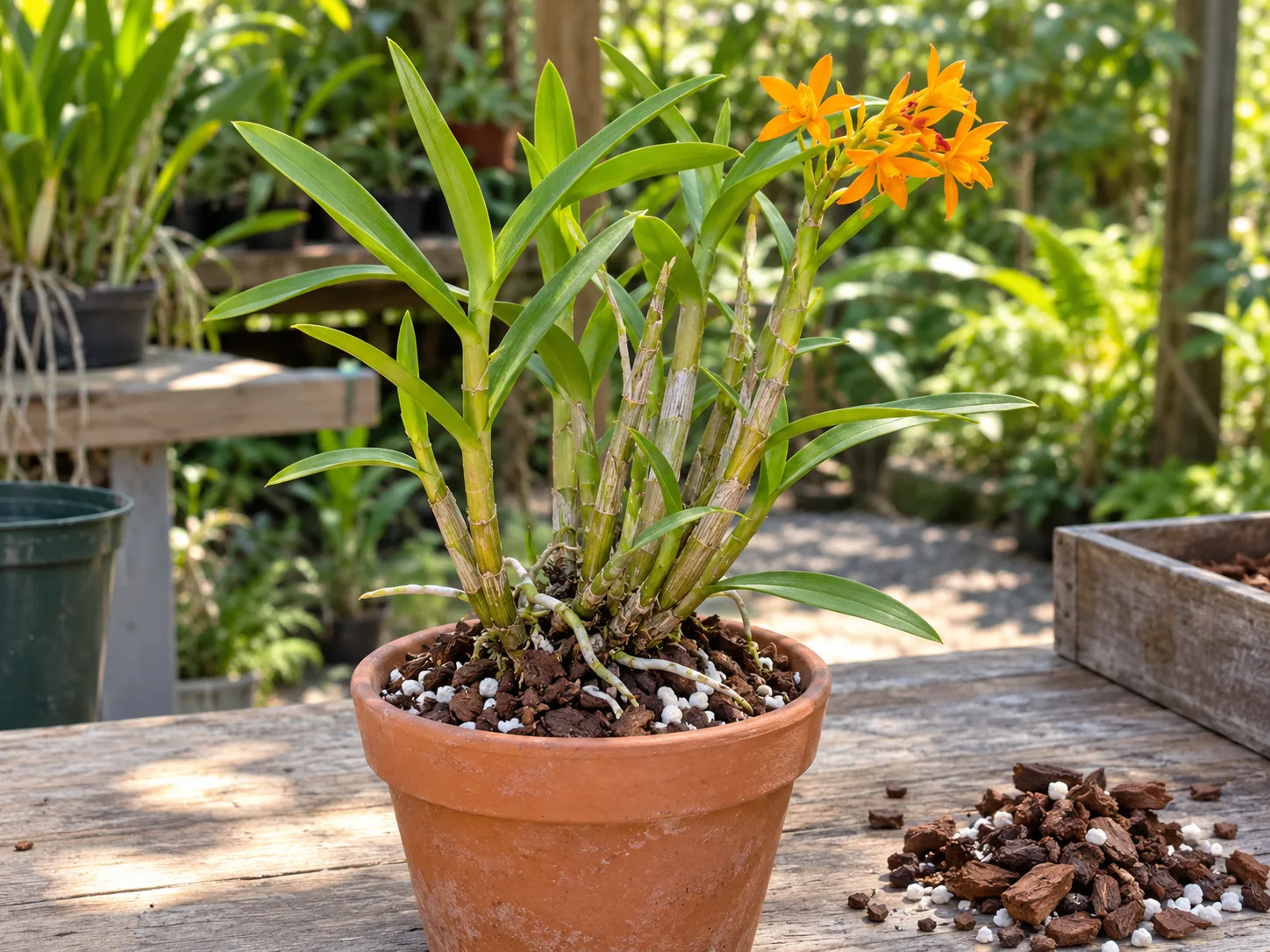 A reed-stem Epidendrum growing in coarse bark and perlite in a draining pot