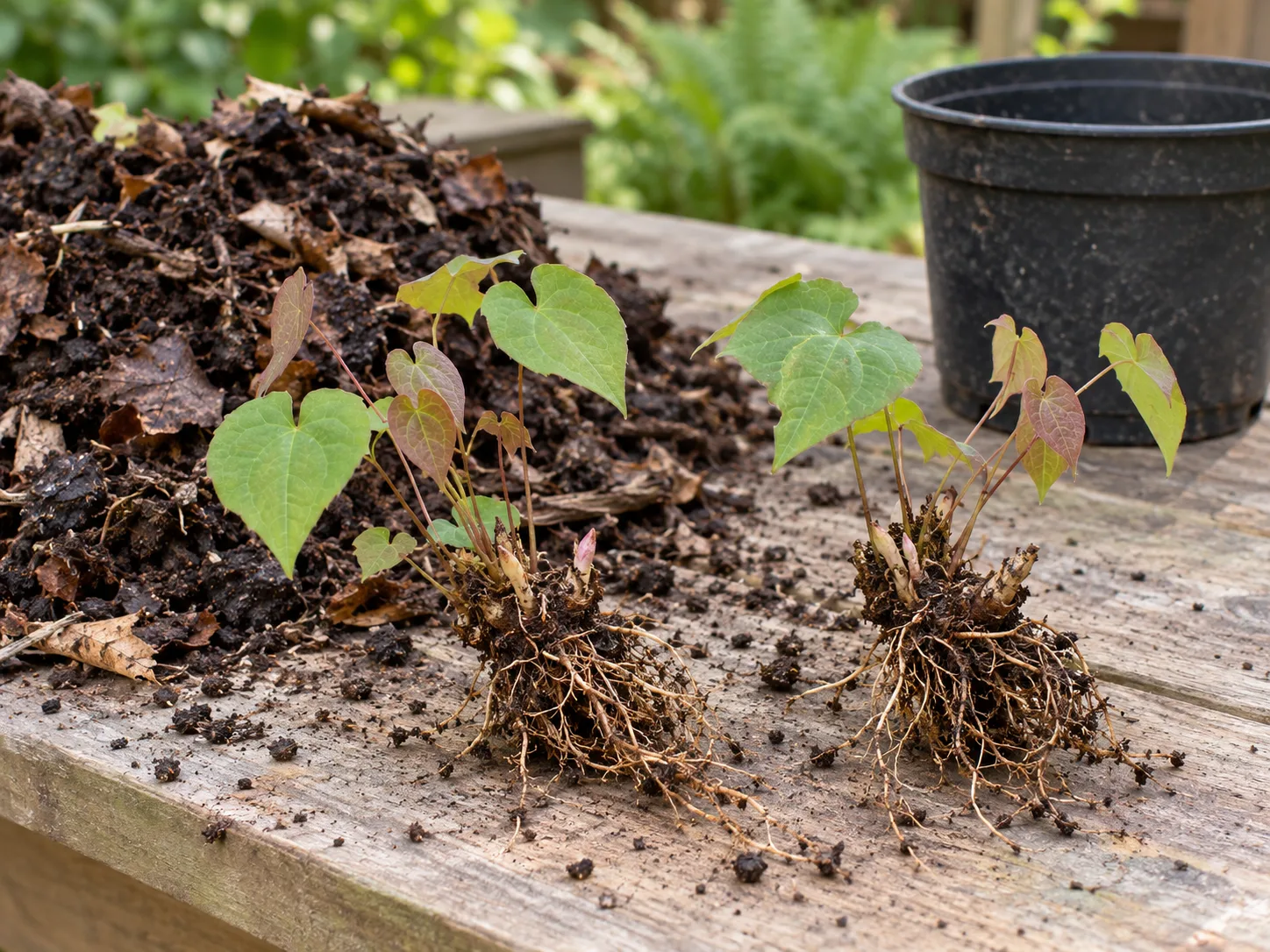 Two Epimedium divisions with new shoots, rhizomes, and fibrous roots ready to replant
