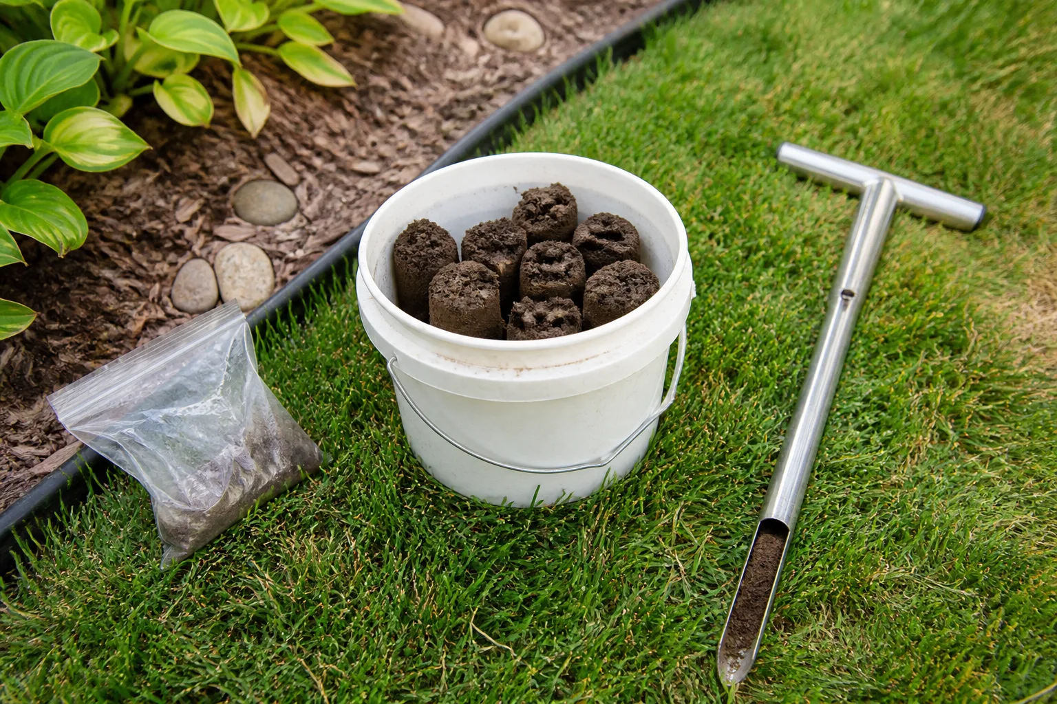 Soil cores mixed in a clean bucket beside a lawn for laboratory testing