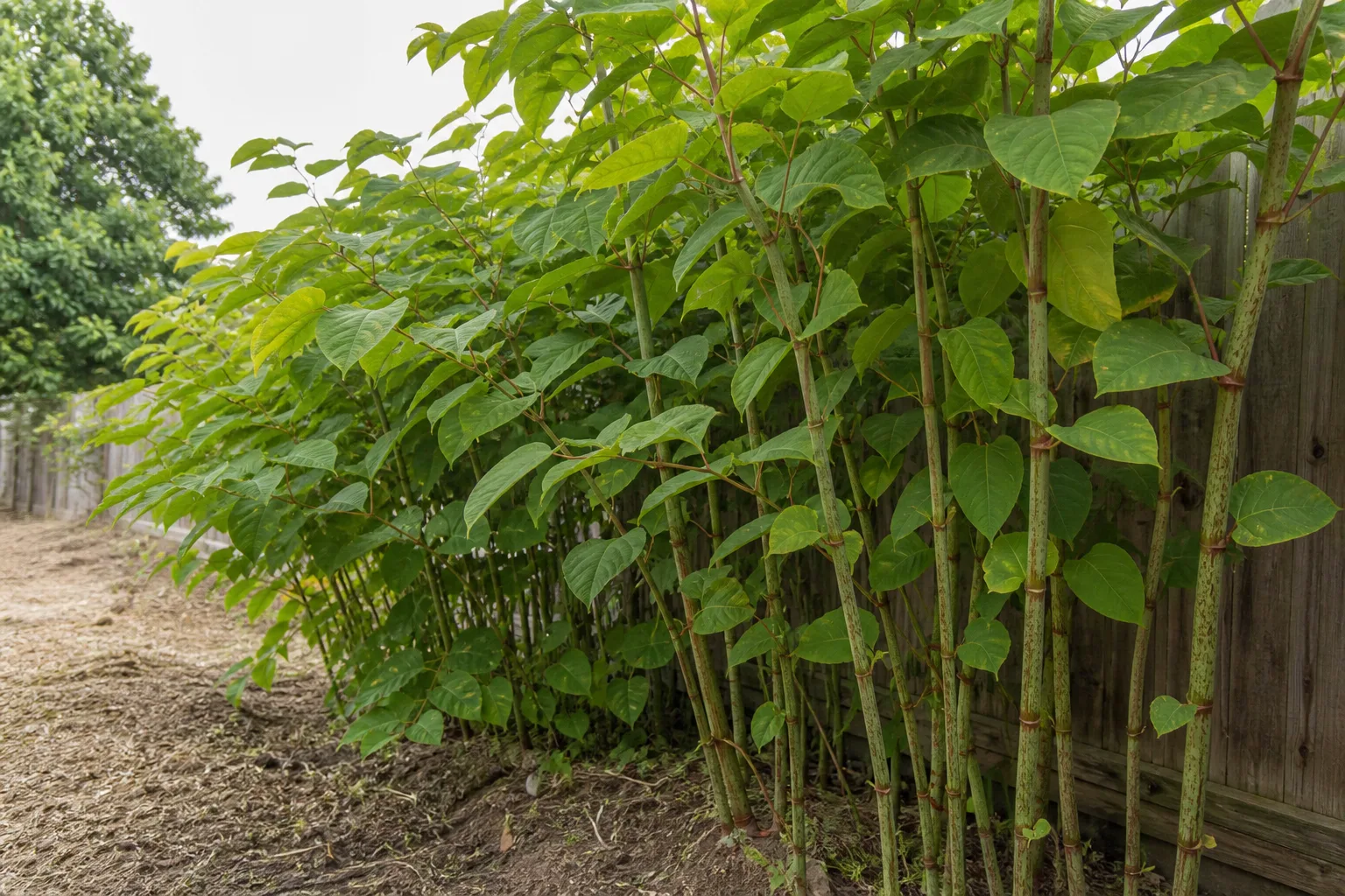 Dense stand of Japanese knotweed with bamboo-like green stems and broad leaves along a residential garden fence