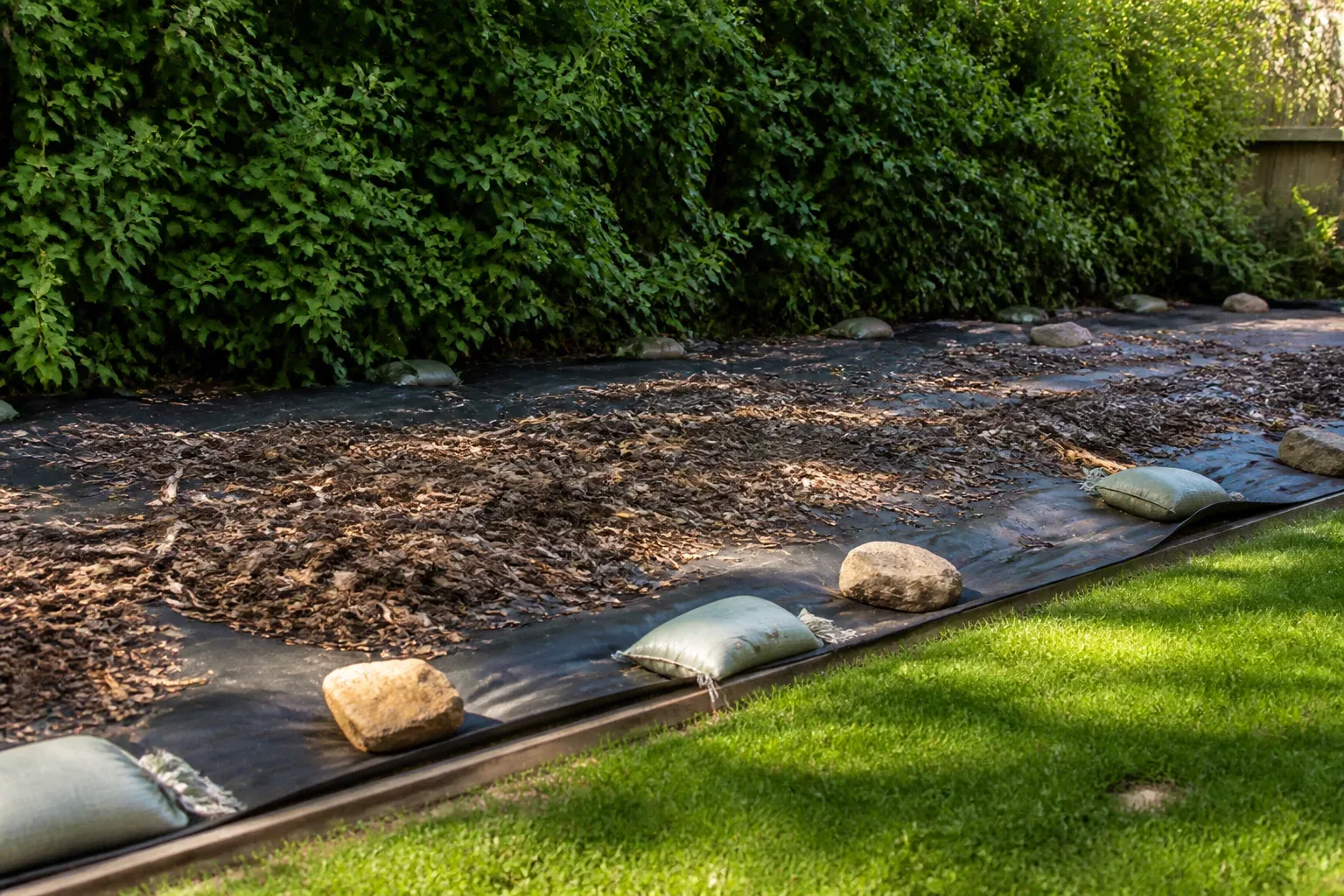Black tarp weighted with stones smothering invasive plants in a backyard bed