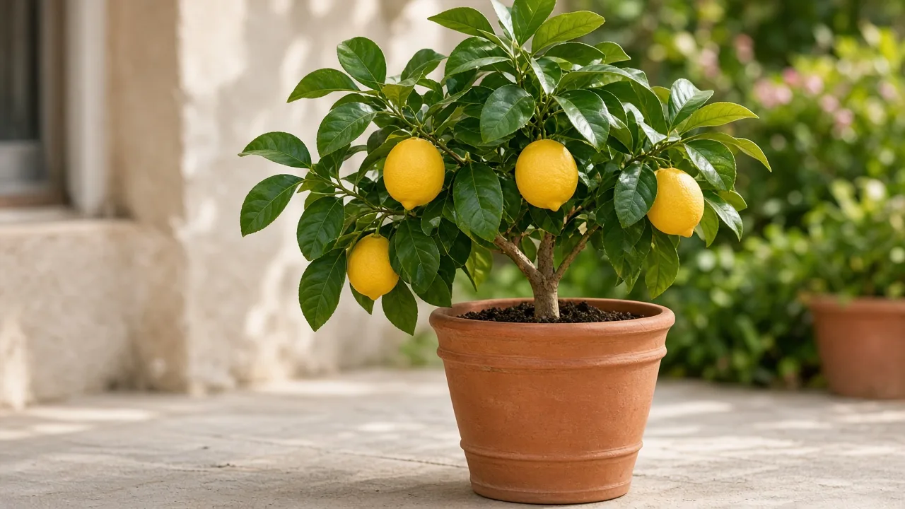 Healthy lemon tree growing in bright light