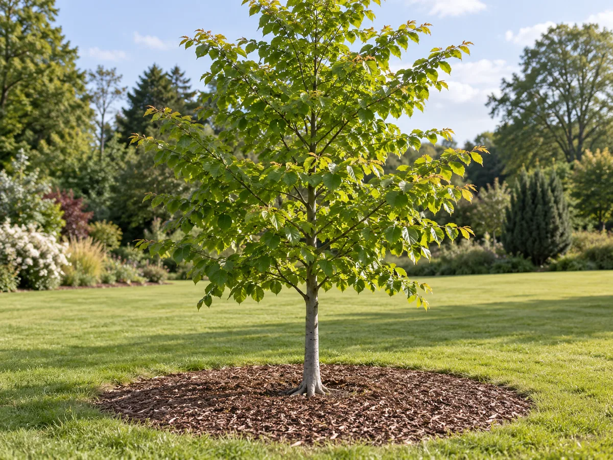 A European beech sapling planted with its root flare at the soil surface