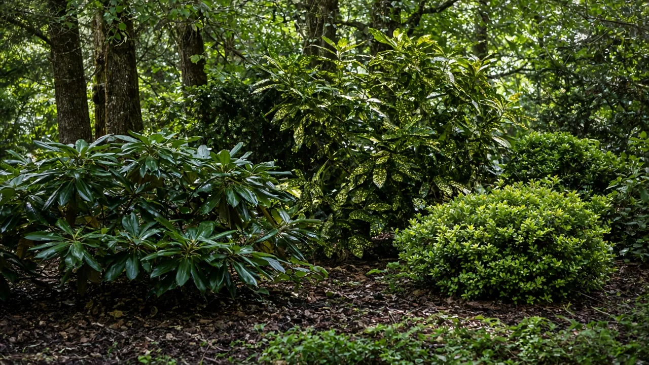 Mixed evergreen shrubs forming a layered foundation bed beside a garden path