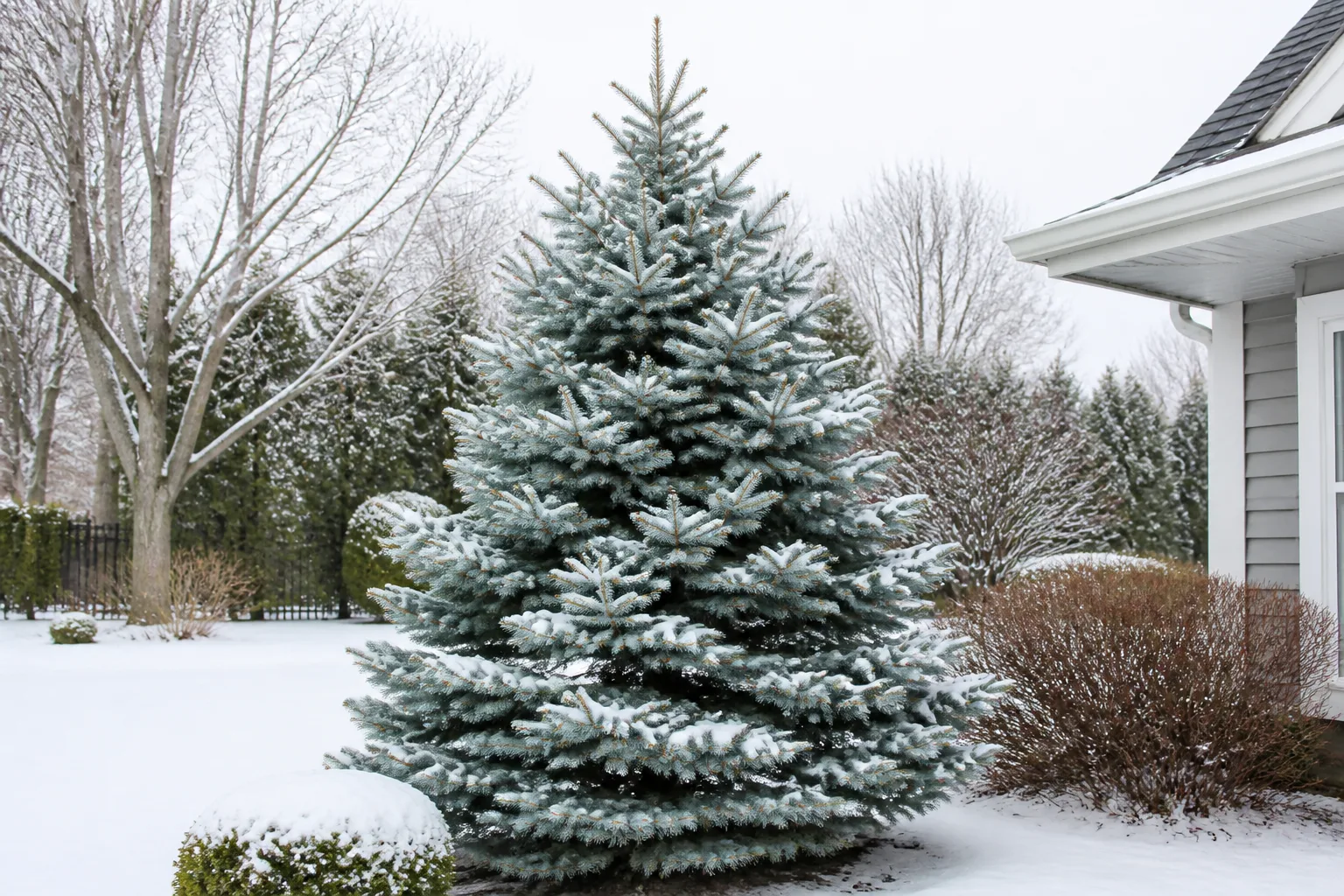Blue spruce branches holding a layer of winter snow on dense evergreen needles