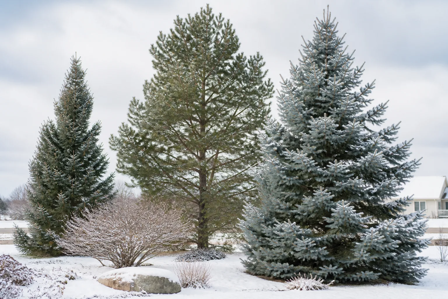 Cold-hardy evergreen conifers with snow-dusted needles in a winter yard showing year-round structure and color