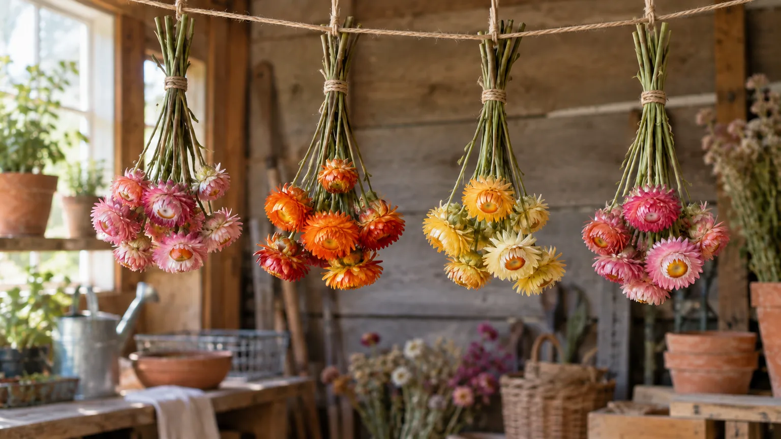 Bunches of cut strawflowers hang upside down in a dry, shaded shed to air-dry.