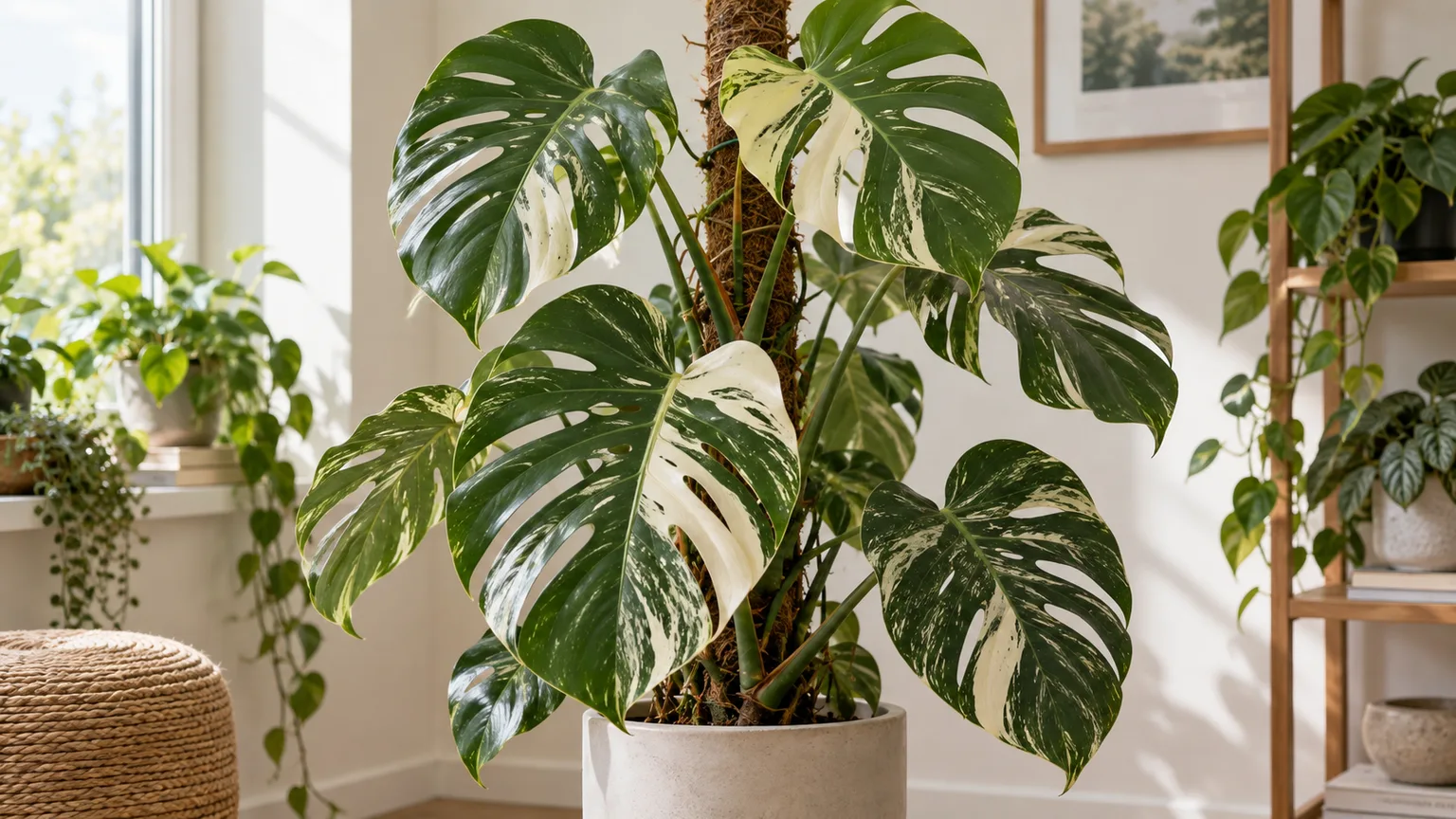 Healthy variegated Monstera deliciosa with cream-white sectors climbing beside a moss pole