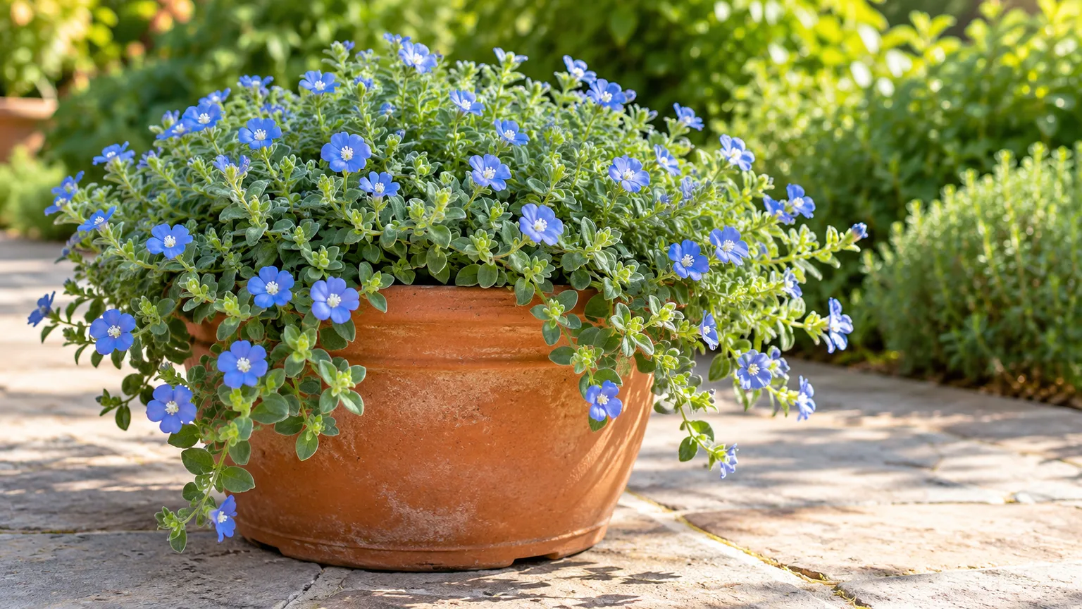Dwarf morning glory spilling over the rim of a terracotta patio pot