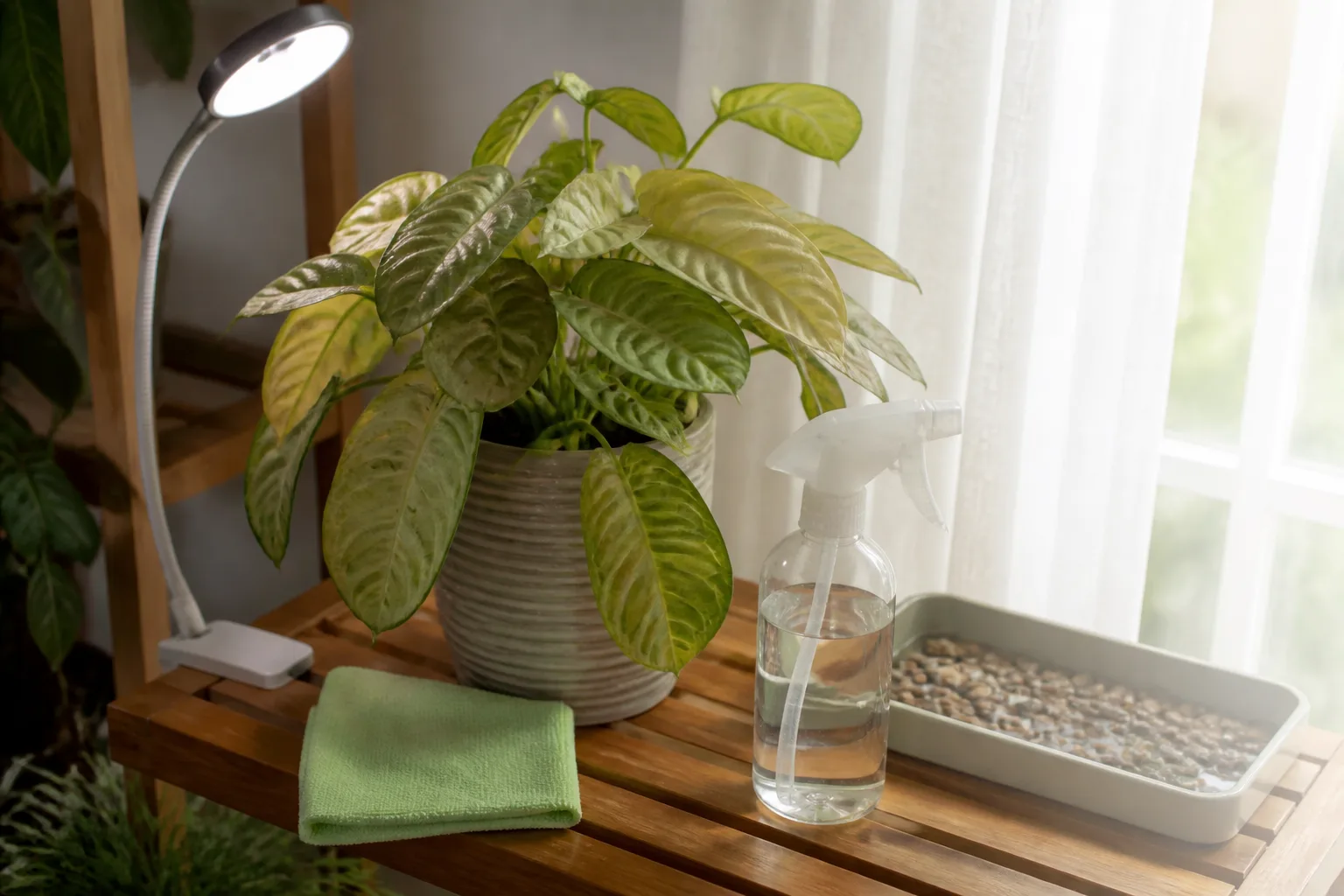 Side-by-side houseplant care setup showing corrected light distance, sheer for bleach, and rinsed foliage for mite control