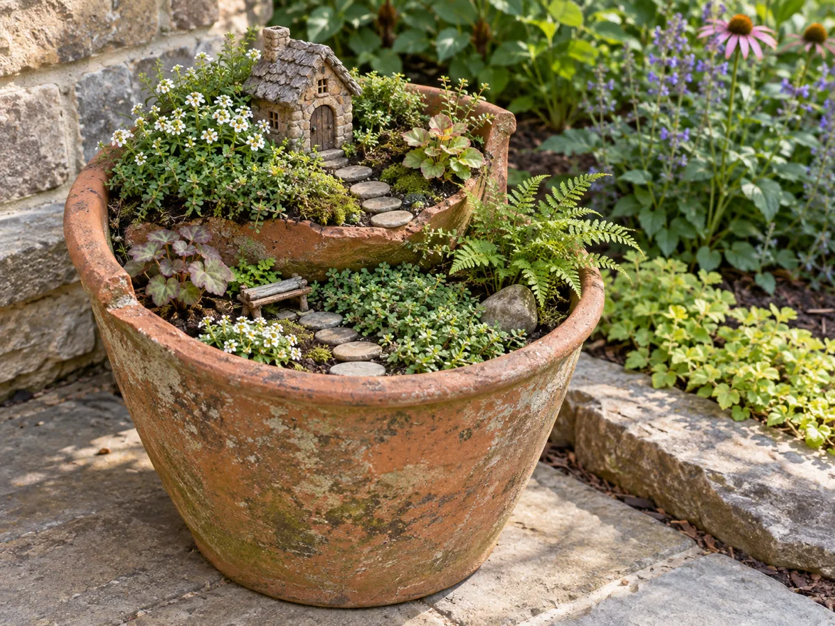 Broken terracotta pot planted as a miniature fairy garden with a tiny cottage and stone path