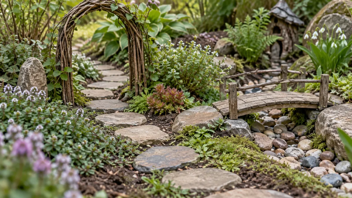 Miniature fairy garden path of flat stones crossing a dry pebble stream beneath a small garden arch