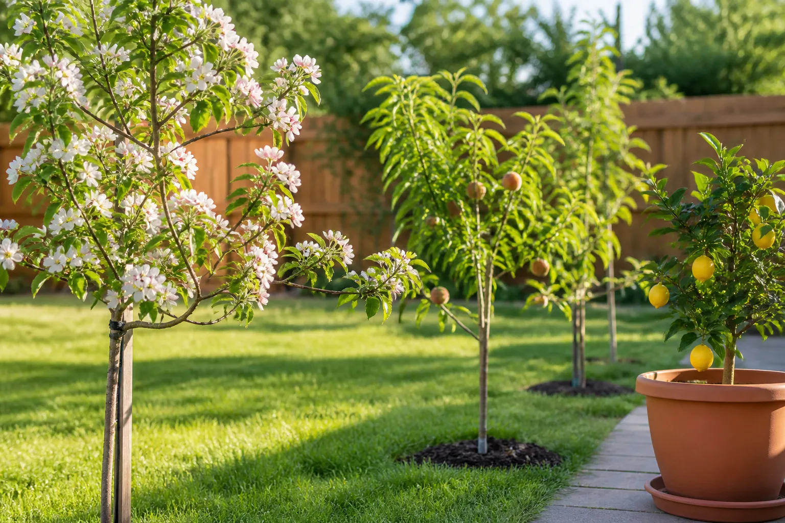 Sunny home backyard with young apple, peach, and citrus fruit trees illustrating fast-growing orchard choices