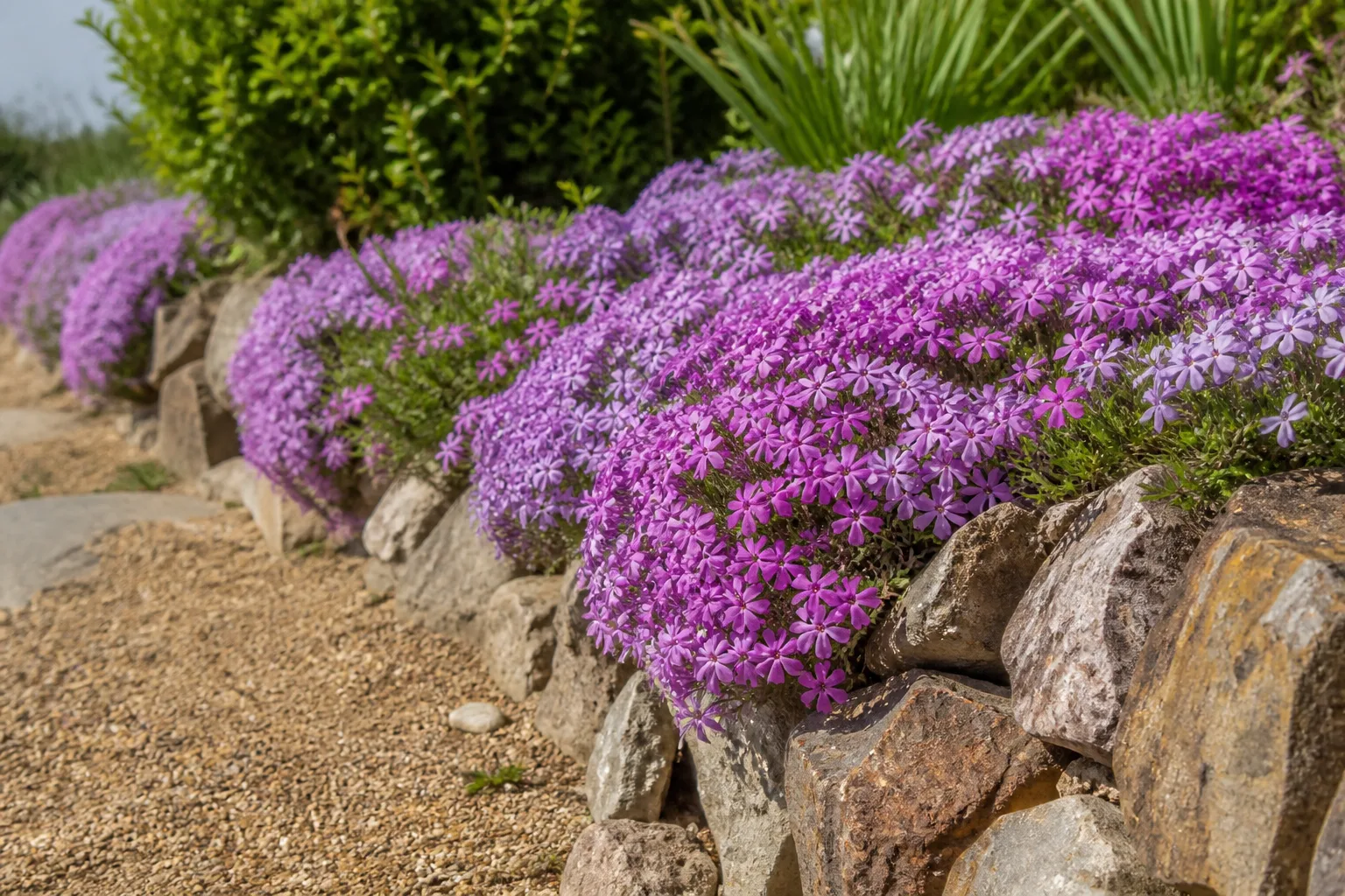 Moss phlox blooming in a low mat on a sunny dry edge