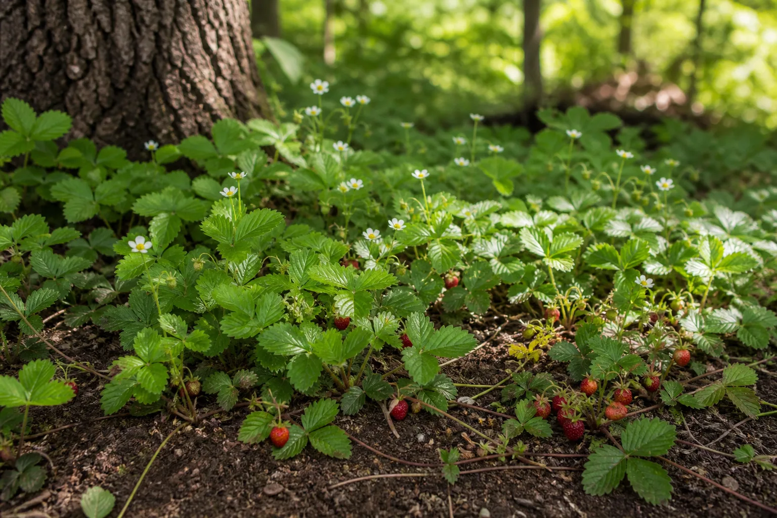 Wild strawberry with spring flowers and runners beneath trees