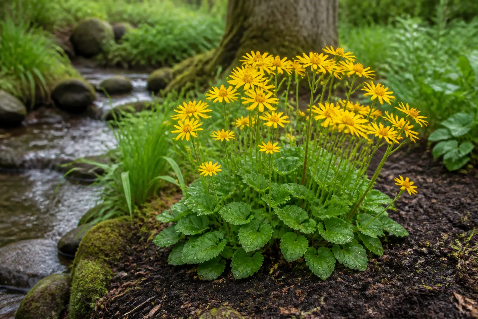 Golden ragwort with yellow spring flowers in moist shade